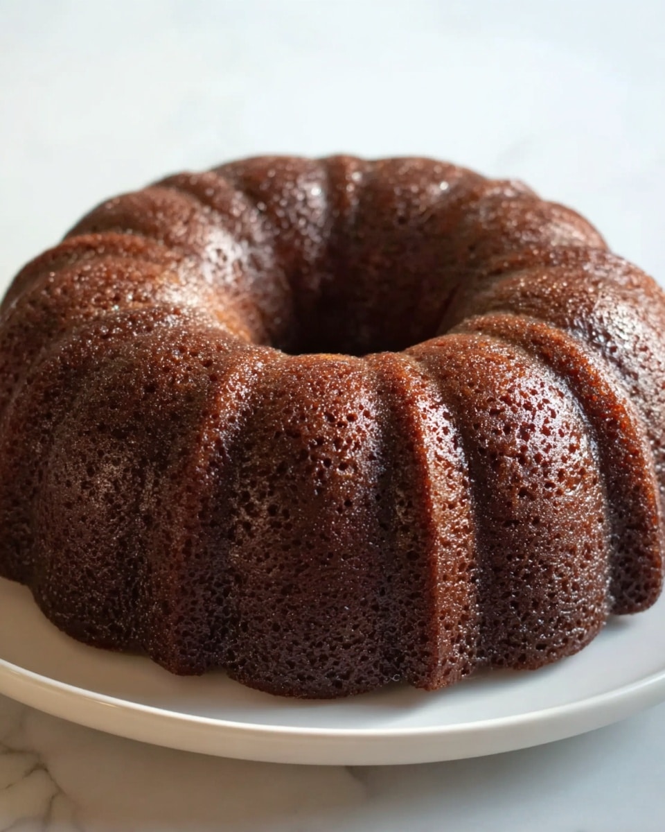 A single bundt cake is shown on a white plate, sitting on a white marbled surface. The cake is dark brown, with a slightly rough and porous texture visible, giving it a moist appearance. It has an even shape with rounded ridges typical of a bundt pan, creating a series of half-circle bumps around the ring, with a hollow center. The lighting highlights glistening spots on the cake, showing some shiny areas on its surface. photo taken with an iphone --ar 4:5 --v 7