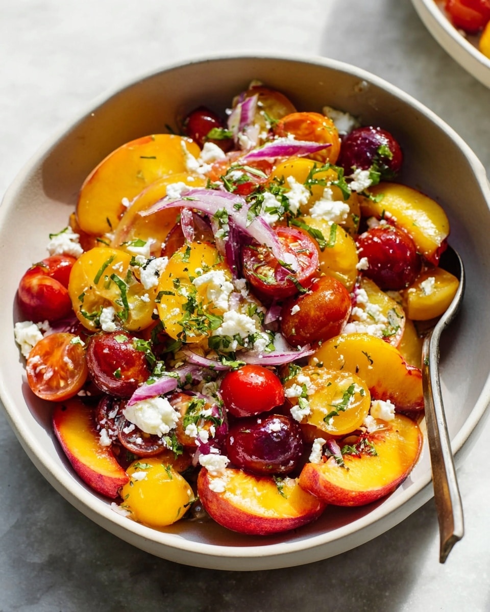 A white bowl filled with a fresh fruit and vegetable salad sits on a white marbled surface, showing three main layers: bright yellow and red peach slices with soft, slightly shiny skin forming the base, mixed with small, glossy red and yellow grape tomatoes cut in halves scattered throughout, and topped with white crumbled cheese and thin, light purple onion slices, all sprinkled with thinly sliced green fresh herbs. A silver spoon rests inside the bowl on the right side. Bright natural light highlights the vibrant colors and textures of the ingredients. Photo taken with an iphone --ar 4:5 --v 7