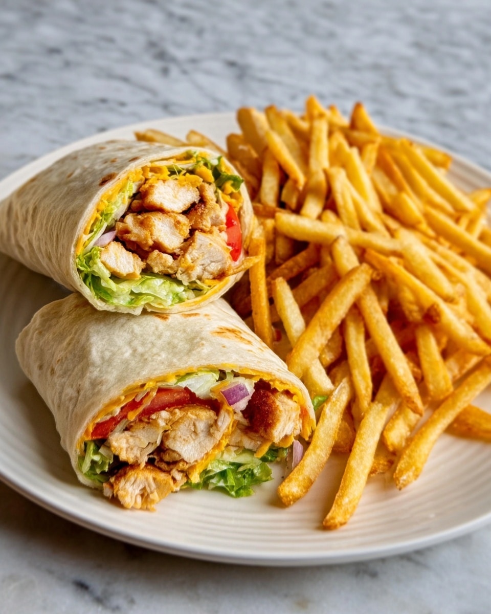 The image shows a white plate on a white marbled surface, holding a chicken wrap and a pile of golden French fries. The wrap is cut in half, showing two layers inside: the outer soft beige tortilla and the filling, which includes pieces of golden-brown cooked chicken, bright green lettuce, thin red tomato slices, and a sprinkling of yellow cheese. The fries are long, crispy, and placed next to the wrap halves on the plate. photo taken with an iphone --ar 4:5 --v 7