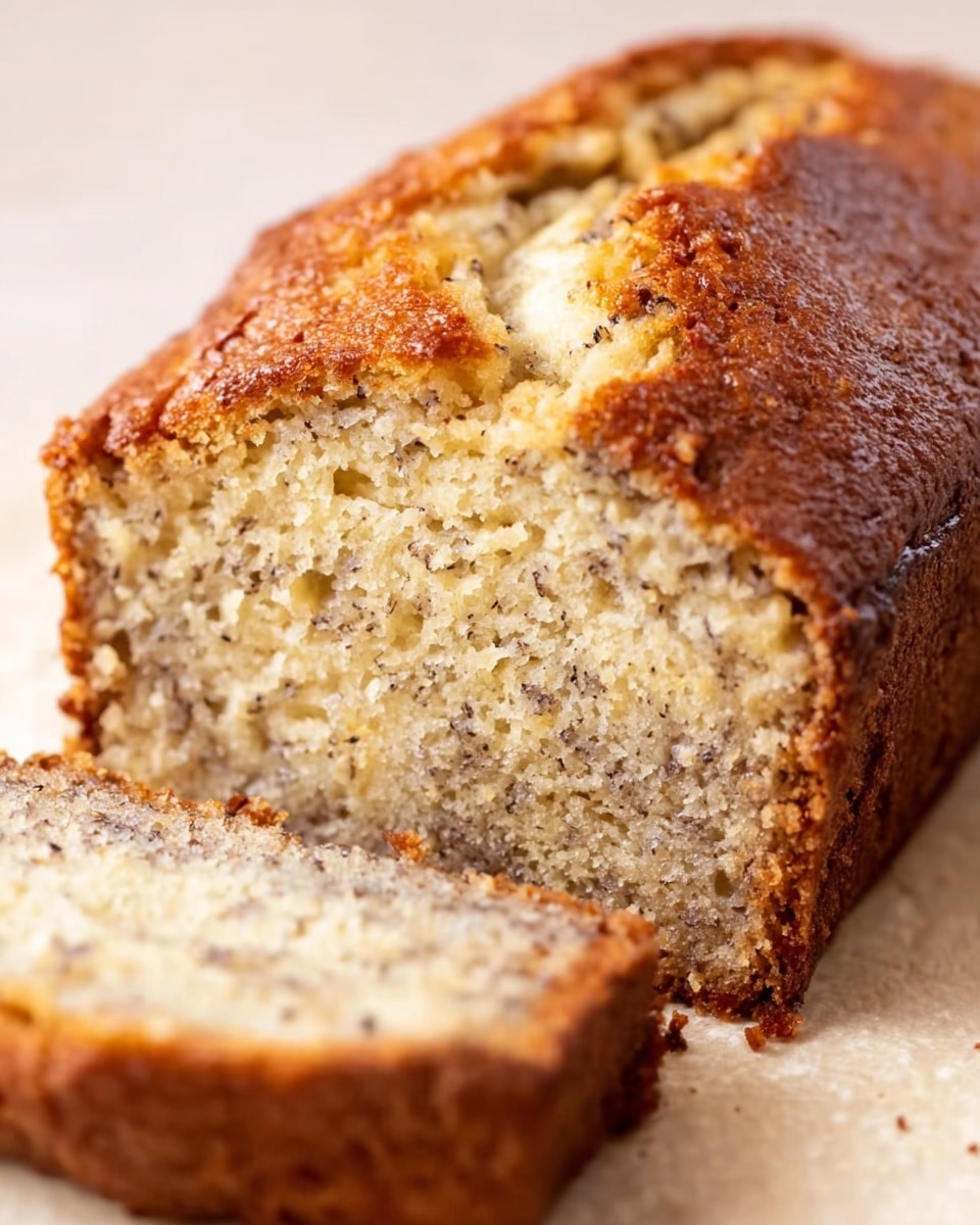The image shows a loaf of banana bread with a golden brown crust and a soft, light beige inside speckled with tiny dark spots from mashed bananas. One slice is cut and placed in front of the loaf, showing the dense but moist texture inside. The outer crust is firm and slightly cracked on top, while the inside looks tender and spongy. The background is a white marbled texture. Photo taken with an iphone --ar 4:5 --v 7