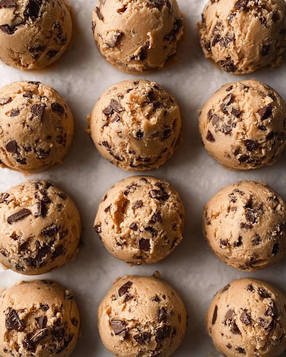 The image shows twelve round scoops of cookie dough arranged in a 3x4 grid on a white marbled surface. Each scoop is light brown with a rough texture, filled with dark chocolate chunks and chips scattered throughout, giving a mix of lighter and darker brown spots. The dough looks dense and slightly cracked on top, with the chocolate pieces embedded and sticking out. The scoops are evenly spaced and similar in size, creating a neat, uniform look. photo taken with an iphone --ar 4:5 --v 7