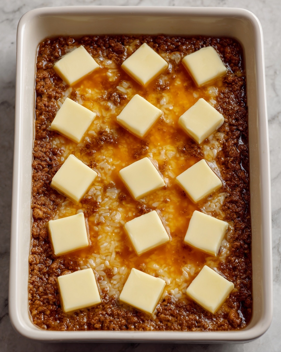 Cheesy Hamburger Rice Casserole Recipe 5 A white rectangular baking dish filled with three visible layers: the bottom layer is brown ground meat with a crumbly texture, the middle layer is mixed rice with a slightly sticky appearance, and the top layer is a golden-brown sauce covering the surface evenly. On top of the sauce, there are evenly spaced small square slices of pale yellow butter, arranged in a grid pattern across the whole dish. The dish sits on a white marbled textured surface. Photo taken with an iphone --ar 4:5 --v 7