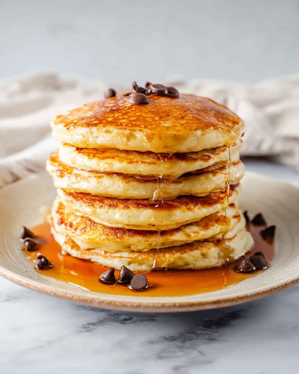 A stack of six golden-brown pancakes sits in the center of a white plate. The pancakes have a soft, fluffy texture with light browning on the edges and tops. Amber syrup gently drips down the sides of the stack, pooling at the base on the plate. Around the pancakes, there are scattered dark chocolate chips. The scene is set on a white marbled surface with a blurred light cloth in the background. photo taken with an iphone --ar 4:5 --v 7