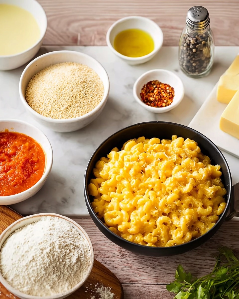 The image shows a black bowl filled with golden-yellow cooked macaroni and cheese, its creamy texture visible with small hints of melted cheese on the pasta. Around the bowl on a white marbled surface, there are several white bowls: one with light brown breadcrumbs, another with white flour, and a smaller bowl with bright red tomato sauce. There is also a bigger white bowl with pale yellow melted butter, a small white dish with ground red spices, and another with grated cheese. Near these ingredients lie a wooden board holding a mortar with a mix of black and white pepper, a salt shaker, and some fresh green herbs. Photo taken with an iphone --ar 4:5 --v 7