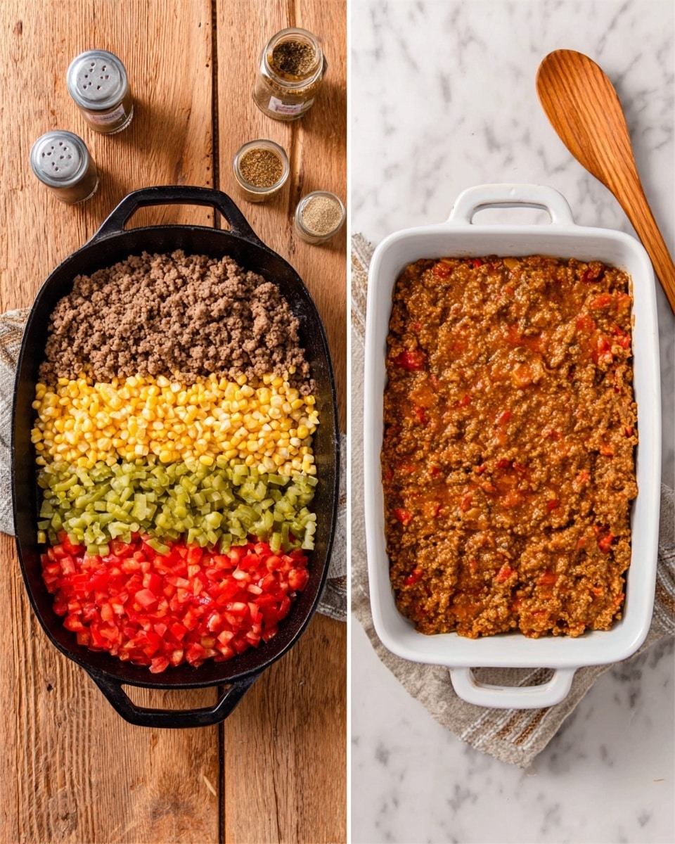 The image shows two side-by-side views of a cooking process. On the left, a black cast iron pan sits on a wooden surface over a white marbled texture, holding four distinct groups of ingredients: cooked ground meat with a dark brown color placed at the bottom, bright yellow corn kernels on the left, chopped red tomatoes on the top right, and green diced vegetables on the bottom right, all neatly separated. On the right, a white rectangular baking dish filled with a thick, mixed brown-orange meat and vegetable casserole rests on the same white marbled surface, showing the combined ingredients from the pan. A wooden spoon with a long handle is placed to the right of the baking dish. There are small containers with spices visible near the cooking area. Photo taken with an iphone --ar 4:5 --v 7