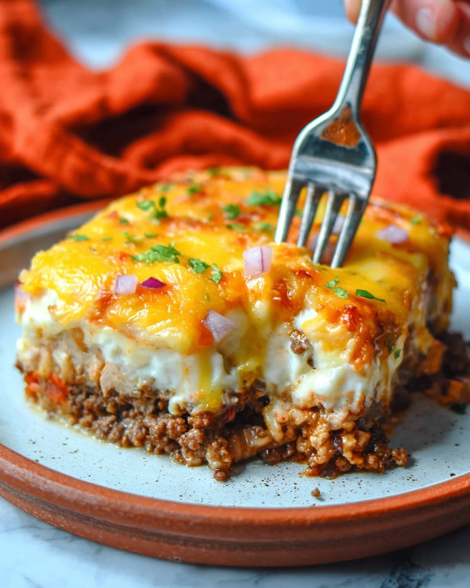 The dish is a layered casserole with a thick, golden melted cheese layer on top, slightly browned at the edges and dotted with small green bits of herbs. Below the cheese, there is a creamy white sauce layer mixed with chunks of light brown cooked chicken or turkey. The base layer shows a rich ground beef mix, dark brown and textured. The casserole is served on a round white plate, resting on a white marbled surface with an orange cloth blurred in the background. A woman's hand holds a fork cutting through the layers, showing the soft and creamy texture inside. Photo taken with an iphone --ar 4:5 --v 7