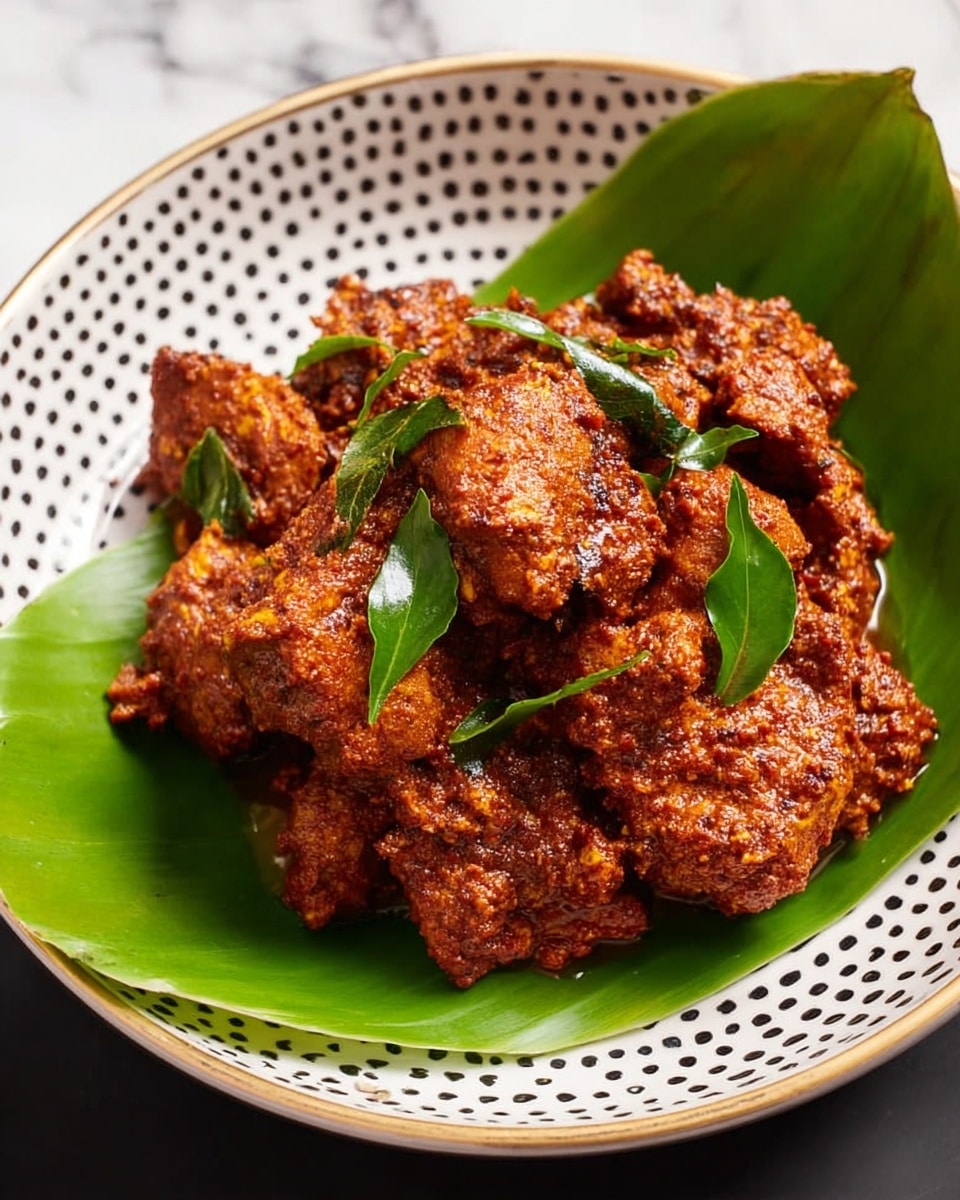 The dish shows several thick pieces of dark reddish-brown meat fully covered with a thick, coarse sauce in a white bowl. The sauce has a textured, slightly oily surface with visible small chunks and spices, creating a rich appearance. Bright green small leaves are spread lightly on top of the meat and sauce, adding contrast to the deep color of the dish. The bowl sits on a white marbled surface with a clean, soft look in the background. photo taken with an iphone --ar 4:5 --v 7