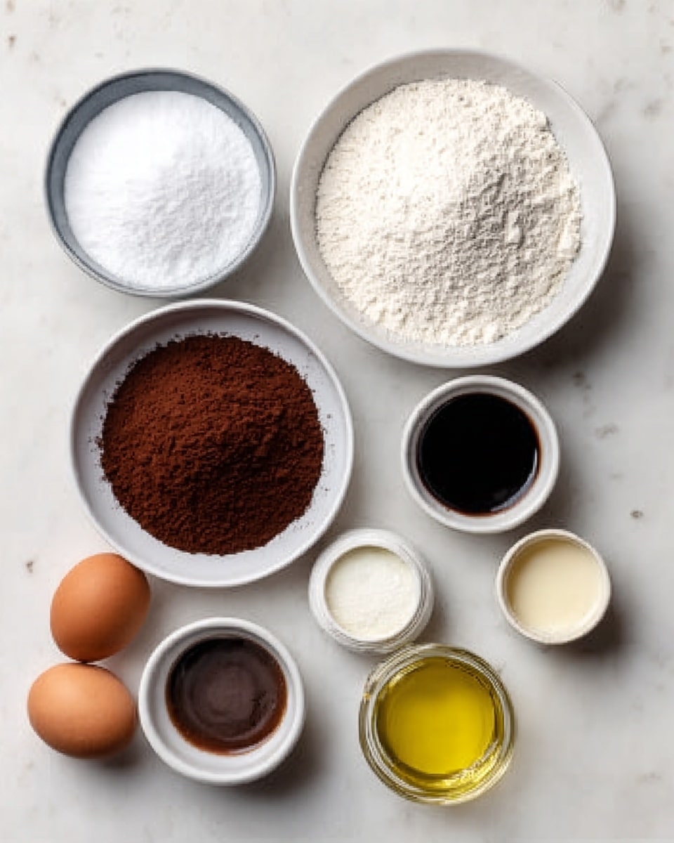 The image shows eight small white bowls and two brown eggs on a white marbled surface. The bowls hold different ingredients arranged neatly: one bowl with white sugar, one with dark brown cocoa powder, one with white flour inside a larger bowl, one with a small amount of dark liquid, one with brown liquid, one with a white liquid in a small jar, one with white salt, and one with yellow cooking oil. The two eggs are placed next to each other near the bowls. photo taken with an iphone --ar 4:5 --v 7