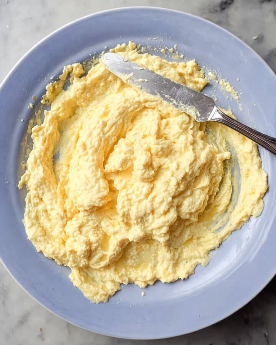 A thick, creamy mixture with a pale yellow color and slightly lumpy texture fills a white plate, spreading unevenly and smoothed out in some areas. A silver knife rests on top of the mixture, partially covered by it, with some of the mixture sticking to the knife’s blade. The plate sits on a white marbled surface, creating a clean and simple background. photo taken with an iphone --ar 4:5 --v 7