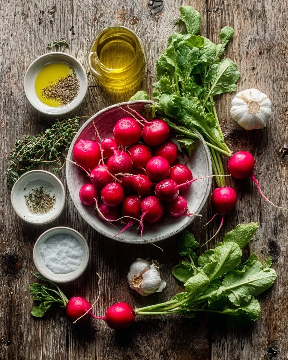 A white bowl full of bright red radishes with green leaves sits in the center on a dark wooden surface. Around the bowl are small white bowls with yellow olive oil, coarse salt, and pepper. Fresh green herbs and whole garlic bulbs are scattered on the wooden surface, adding natural colors and textures. Two radishes lie outside the bowl, showing their smooth skin and green stems. The scene is rustic with natural lighting and shadows highlighting the freshness of the ingredients, all placed on a white marbled texture. photo taken with an iphone --ar 4:5 --v 7