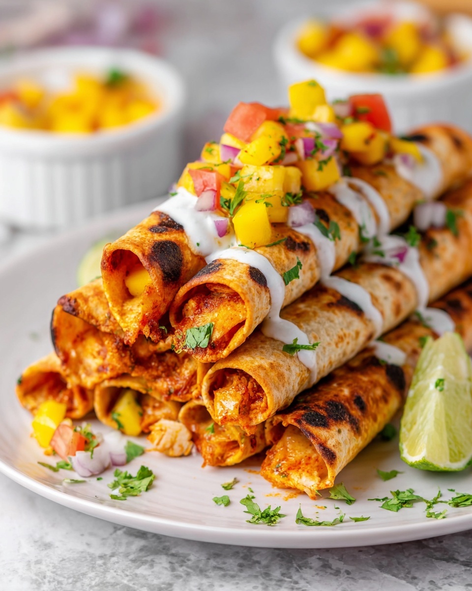 A stack of six rolled golden-brown tortillas filled with an orange-colored filling sits on a white plate with a white marbled surface underneath. The tortillas have char marks, and a creamy white sauce drizzles over the middle layer. On top of the stack, there is a colorful mix of diced yellow mango, red tomato, purple onion, and green herbs. A wedge of lime with a pale green color rests on the side of the plate, with some of the diced fruit and herbs scattered near it. In the blurry background, white ramekins and a glass bowl with similar yellow fruit mix can be seen. Photo taken with an iphone --ar 4:5 --v 7