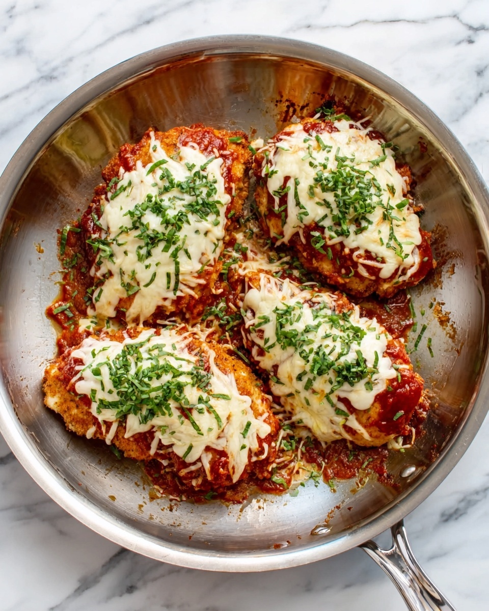 The image shows four pieces of cooked chicken placed evenly in a stainless steel pan. Each piece has a thick layer of melted white cheese on top, with small green herb bits scattered over the cheese. The chicken underneath is browned and slightly crispy, giving a mix of reddish brown and golden tones. The pan sits on a white marbled surface, and a white cloth is partly visible beside it. Photo taken with an iphone --ar 4:5 --v 7