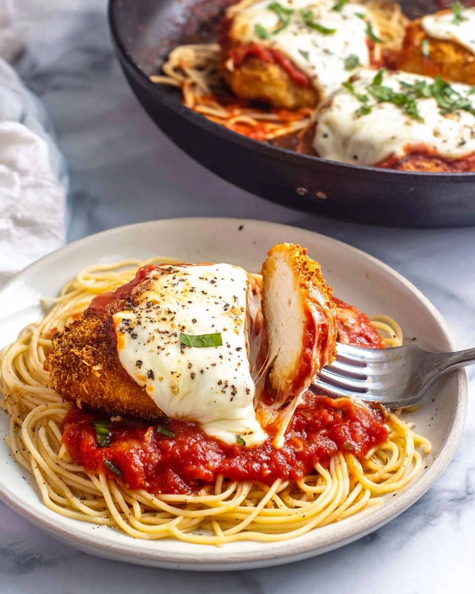 The image shows a white plate with a base layer of cooked, light yellow spaghetti noodles arranged loosely. On top of the spaghetti is a thick red tomato sauce with visible chunks. A large, golden-brown breaded chicken piece is placed on the sauce, with a layer of melted white cheese covering it, slightly browned and sprinkled with black pepper. A fork is cutting into the chicken, revealing white, tender meat inside. Above the plate is a black pan containing more chicken covered with sauce and cheese, garnished with small green basil pieces. The whole scene is set on a white marbled surface. Photo taken with an iphone --ar 4:5 --v 7