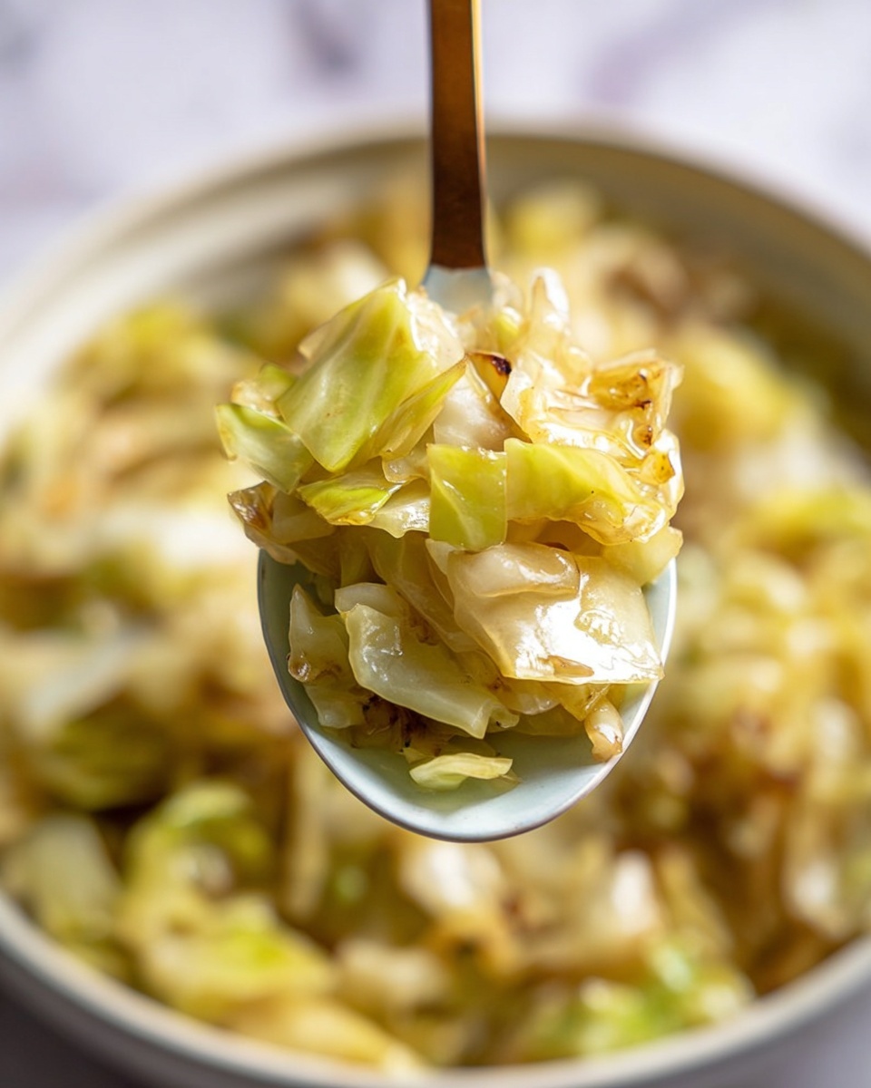 A close-up of a spoon lifting cooked cabbage from a white bowl filled with more cabbage. The cabbage pieces are soft and have light green, yellow, and pale beige colors with a slightly shiny texture. The spoon is held in the center and the background shows the blurred bowl of cabbage on a white marbled surface. photo taken with an iphone --ar 4:5 --v 7