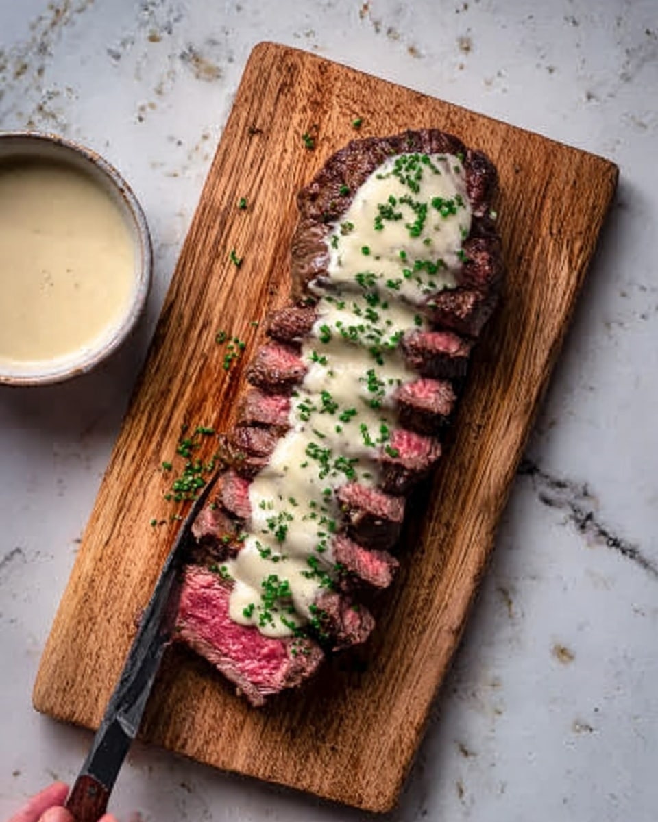 The image shows a wooden board on a white marbled surface with a sliced steak placed in the middle. The steak is cooked medium rare, showing a pink center and a dark brown outer crust. On top of the steak is a layer of creamy white sauce spread evenly, sprinkled with finely chopped green herbs. Near the upper left side of the board, there is a white bowl with a creamy sauce inside. The scene includes a woman's hand holding a knife at the bottom left corner, about to cut the steak. Photo taken with an iphone --ar 4:5 --v 7