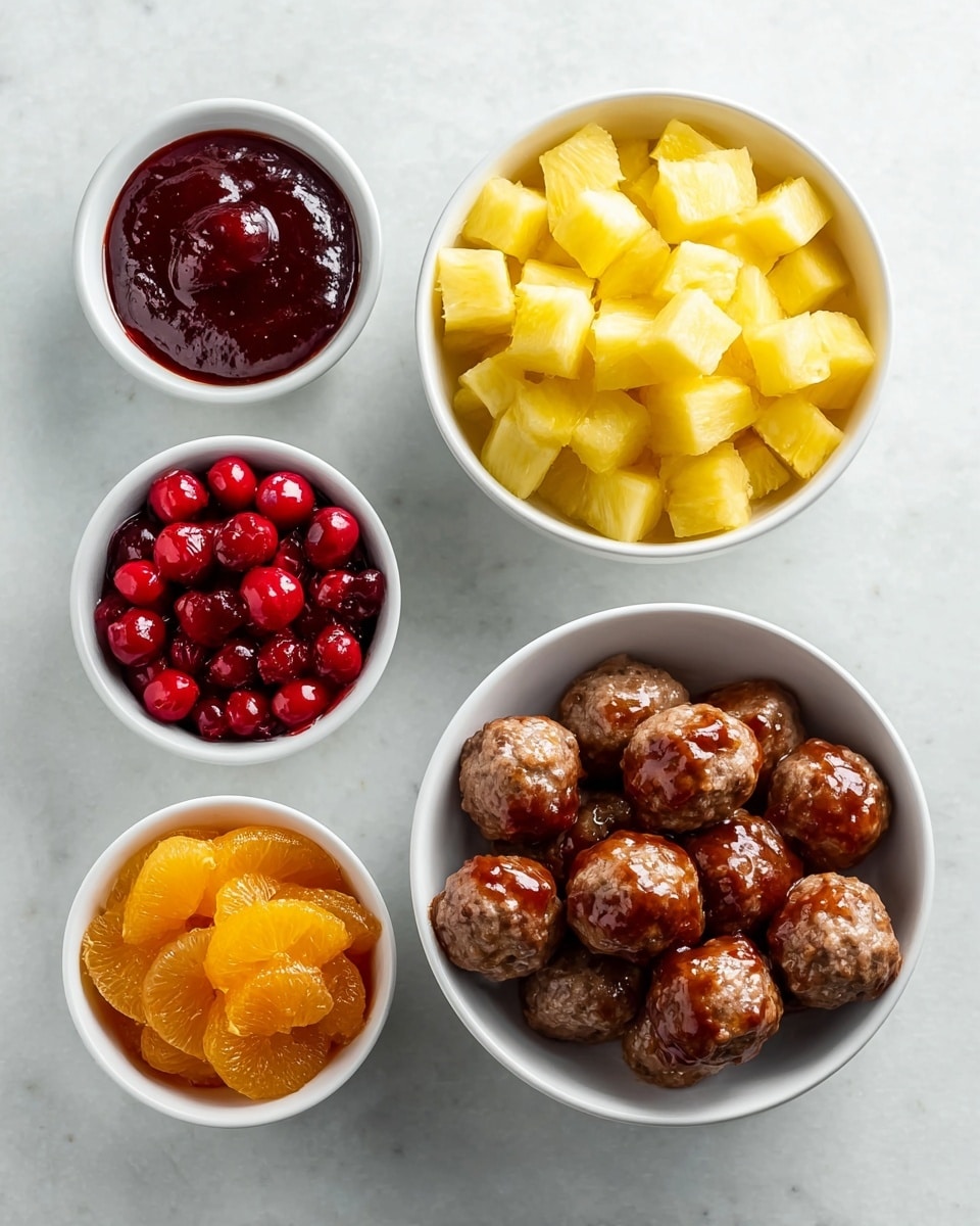 The image shows four white bowls on a white marbled surface. The largest bowl on the right contains many small yellow cube pieces of pineapple. Below it, a medium white bowl holds ten round meatballs, shiny with sauce. To the left of the meatballs are two smaller white bowls; the top one has a dark red thick sauce, and the bottom one is filled with shiny red cherries. Above these, there is another small white bowl with glossy orange chunks, possibly cooked fruit. photo taken with an iphone --ar 4:5 --v 7
