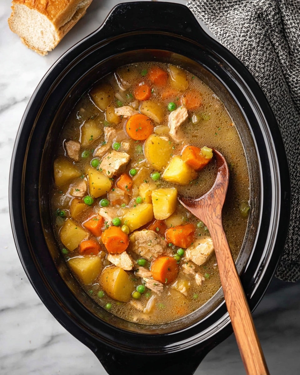 The image shows a black slow cooker filled with a thick stew made of multiple visible layers. The base layer is a light brown broth with a slightly grainy texture. Floating in the broth are chunks of light beige cooked chicken scattered unevenly. Around the chicken are bright orange round slices of carrots, whole small golden potatoes, and green peas, all spread throughout the stew. A wooden spoon with a smooth surface and a darker brown color rests inside the slow cooker on the right side, partially submerged in the stew. The slow cooker sits on a white marbled surface with a gray patterned cloth partially visible on the top right. In the top left corner there is a piece of bread close to the cooker edge. Photo taken with an iphone --ar 4:5 --v 7