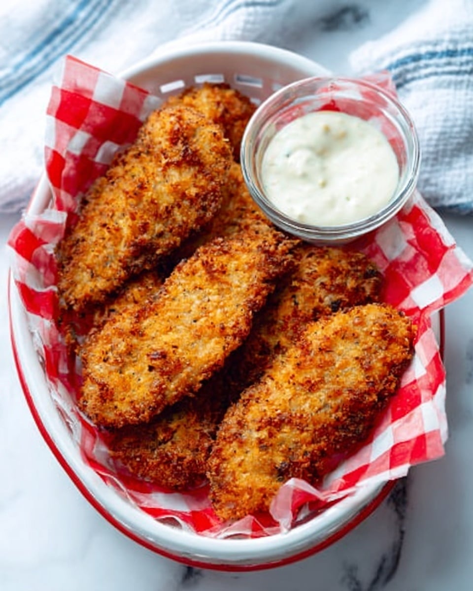 The image shows a white basket with a red rim, lined with red and white checkered paper, filled with five golden brown fried chicken tenders that look crispy and crunchy. On the top right side of the basket, there is a small clear glass container filled with a creamy white sauce, likely ranch dressing. The basket sits on a surface with a white marbled texture, and a white and blue striped cloth is partly visible in the top left corner. photo taken with an iphone --ar 4:5 --v 7
