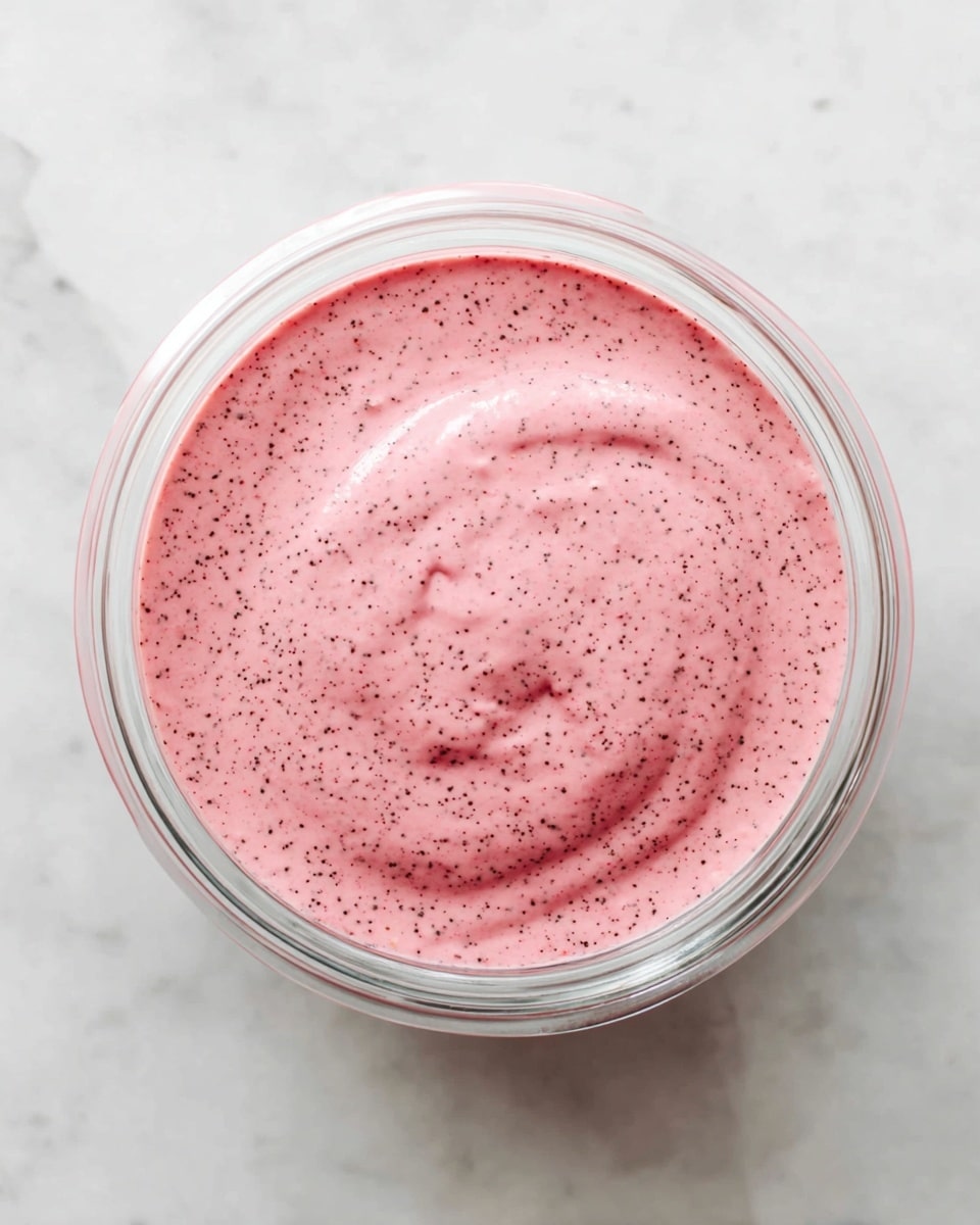 A clear glass bowl filled with a smooth, light pink mixture that has many small black specks evenly spread throughout. The surface of the mixture is slightly wavy with a few soft peaks and dips. The bowl sits on a white marbled textured surface, and the photo is taken from above, showing the entire round shape of the bowl. photo taken with an iphone --ar 4:5 --v 7