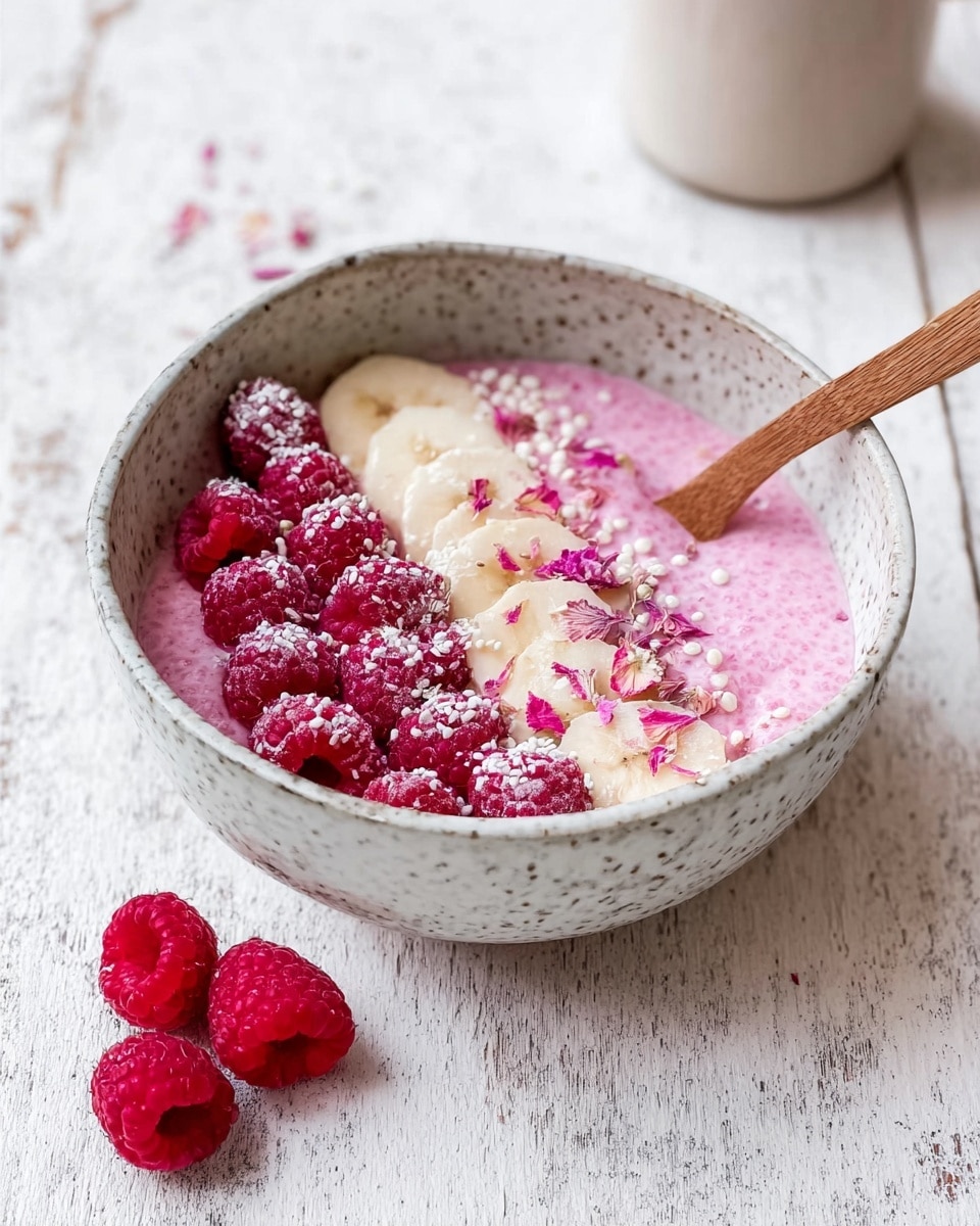 A white speckled bowl holds a pink chia pudding base with a smooth and slightly textured surface, evenly spread inside the bowl. On top, there are a few slices of white banana arranged near the center, partially covered with white and pink powdery sprinkles. Around the bananas, bright red raspberries are clustered along with small white puffed grains, and a few light pink edible flower petals are scattered, adding delicate touches. A wooden spoon rests inside the bowl, its handle leaning on the edge, and the bowl is placed on a white marbled textured table with two raspberries lying next to it. Photo taken with an iphone --ar 4:5 --v 7