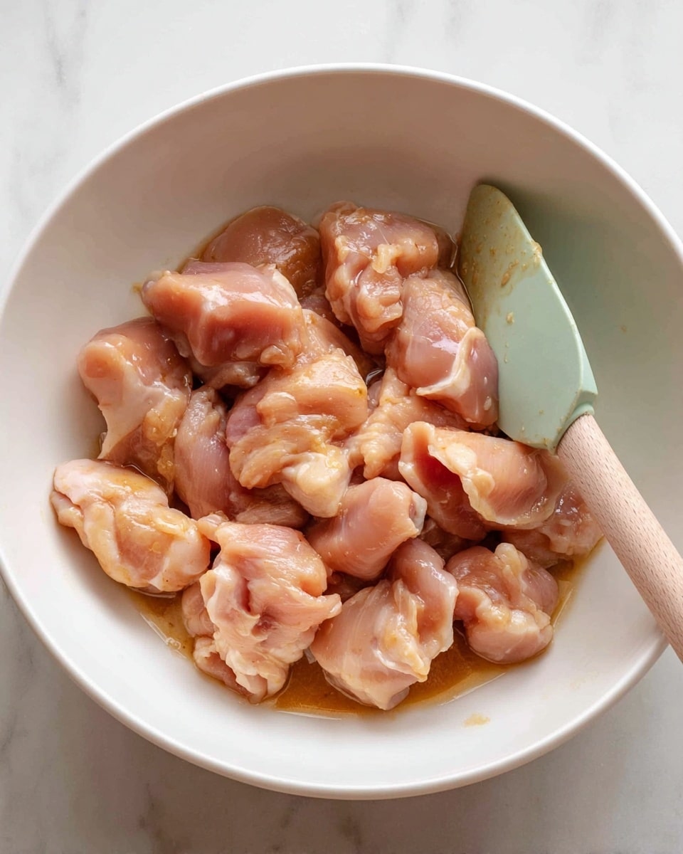 A white bowl filled with pieces of raw chicken marinated in a light brown sauce, showing a mix of pale pink and beige tones with a slightly shiny texture. The chicken pieces are layered loosely and unevenly, showing some thickness and natural folds. On the right side of the bowl, a soft, mint green spatula with a light wooden handle rests partially under some pieces of chicken. The bowl sits on a white marbled surface with subtle gray veins visible. photo taken with an iphone --ar 4:5 --v 7