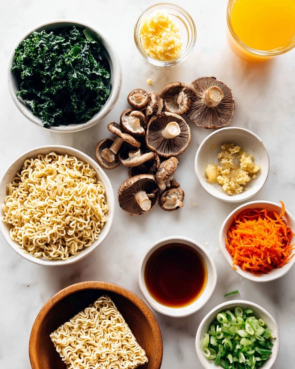 Top view of many small white bowls and wooden bowl on a white marbled surface. The bowls hold different ingredients: one white bowl has dark green kale leaves, another white bowl has light yellow mashed garlic, another white bowl is filled with bright orange shredded carrot, and two small bowls have different minced pastes with pale yellow and light brown colors. A wooden bowl contains sliced fresh green onions. In the center, there are many dry brown mushroom caps scattered alongside a small clear glass bowl with brown sauce. In the bottom left corner, there is a block of uncooked pale yellow instant ramen noodles, with some loose noodle pieces spread out nearby. On the right side, a clear glass holds bright orange juice. Photo taken with an iphone --ar 4:5 --v 7