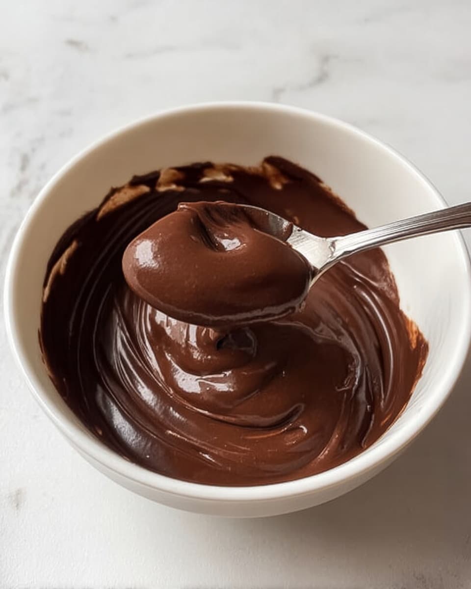 A close-up of a white bowl with thick, smooth, shiny dark brown chocolate pudding inside. The pudding fills about one-third of the bowl and clings to the sides, showing some swirls and soft peaks. A silver spoon holds a large scoop of the pudding above the center of the bowl, showing its creamy, rich texture. The bowl sits on a white marbled surface with soft, even lighting. Photo taken with an iphone --ar 4:5 --v 7
