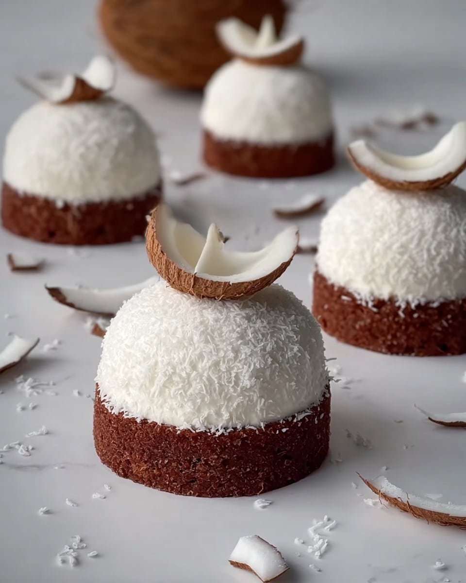 The image shows four small round desserts placed on a white marbled surface with a halved coconut in the background. Each dessert has two distinct layers: the bottom layer is a dark brown, dense-looking cake base, and the top layer is a smooth, dome-shaped, white mousse coated evenly with fine coconut flakes. On top of each dome, there is a thin, curved coconut slice as decoration. Around the desserts, a few scattered coconut flakes and coconut shell pieces add texture and a subtle detail. Photo taken with an iphone --ar 4:5 --v 7