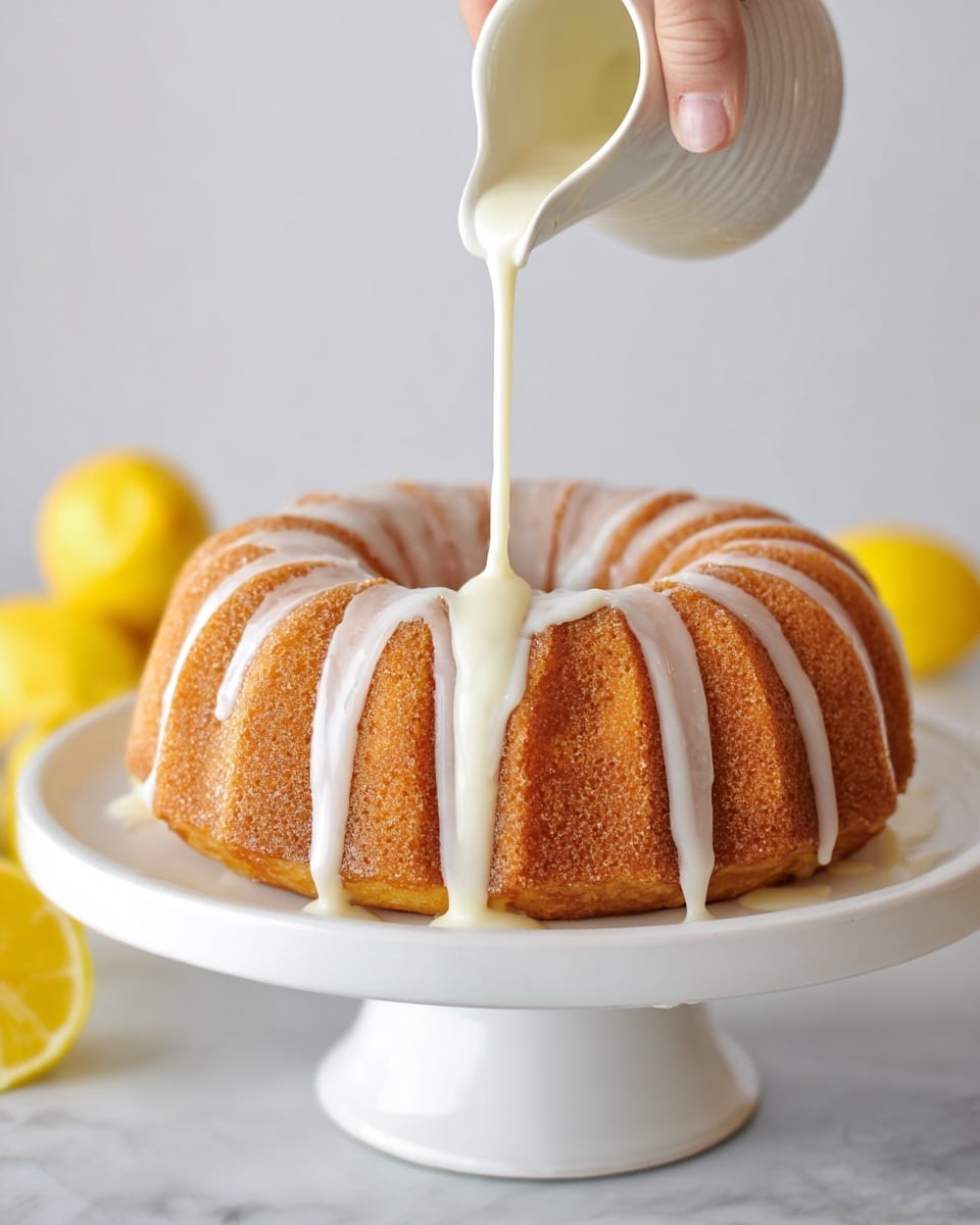A round golden brown bundt cake sits on a white cake stand with a smooth white marbled surface below. The cake has a detailed ridged pattern all around its sides. A woman's hand holds a small white jug pouring a thick, shiny white sauce that drips slowly down the curves of the cake, pooling slightly on the cake stand. In the background, out of focus yellow lemons add a pop of color to the soft, clean white backdrop. The scene is bright and simple with the focus on the flowing sauce and the textured cake photo taken with an iphone --ar 4:5 --v 7