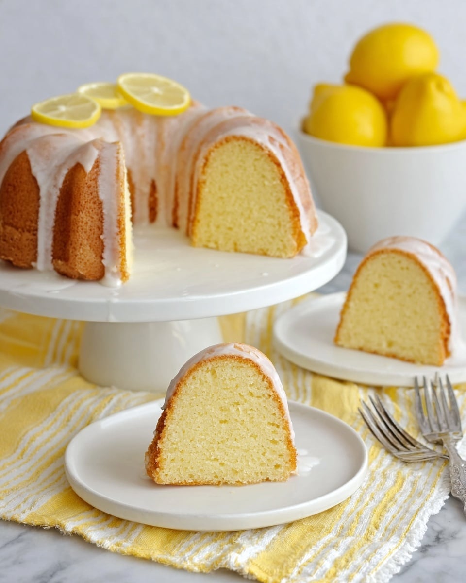 The image shows a round lemon bundt cake with a smooth pale yellow inside and a light golden crust on the outside, sitting on a white cake stand with two thin slices of lemon on it. The cake is covered with thin shiny white icing that lightly drips down the sides. In the foreground, there are two white plates, each holding one thick slice of the cake with the same icing around the base, placed on a yellow and white striped cloth on a white marbled surface. In the background, there is a white bowl filled with whole yellow lemons, and two silver forks are casually placed next to the top plate. Photo taken with an iphone --ar 4:5 --v 7