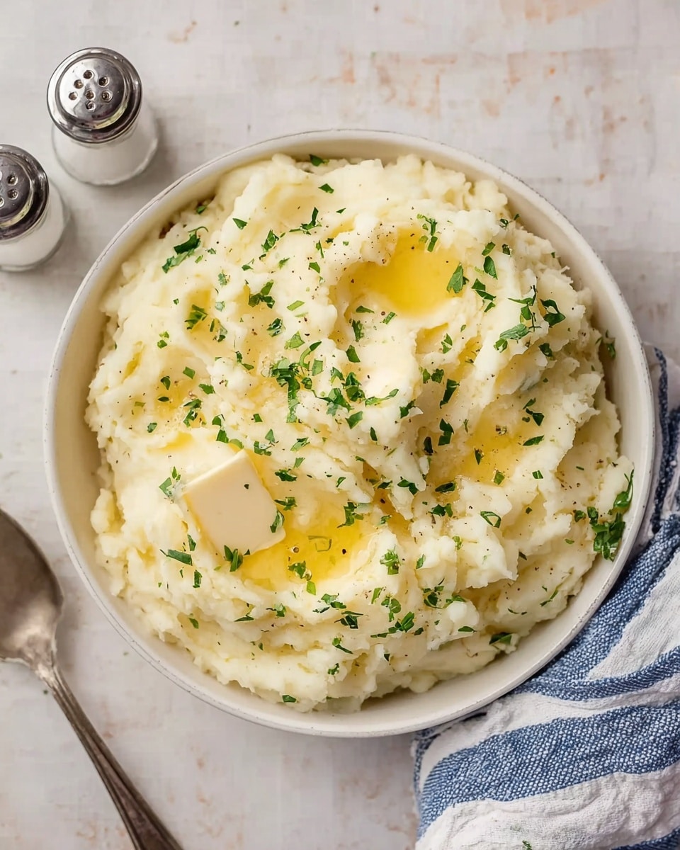 A white bowl sits on a white marbled surface filled with creamy mashed potatoes that show a soft, slightly lumpy texture. On top, there are a few melting pats of butter, light yellow and glossy, spreading over the mashed potatoes. Fresh green parsley flakes are sprinkled over the dish, adding small dark green dots of color. Near the bowl, there is a woman’s hand holding a white and blue striped cloth, and two silver salt and pepper shakers are placed to the side. The lighting is soft, making the food look warm and inviting. photo taken with an iphone --ar 4:5 --v 7