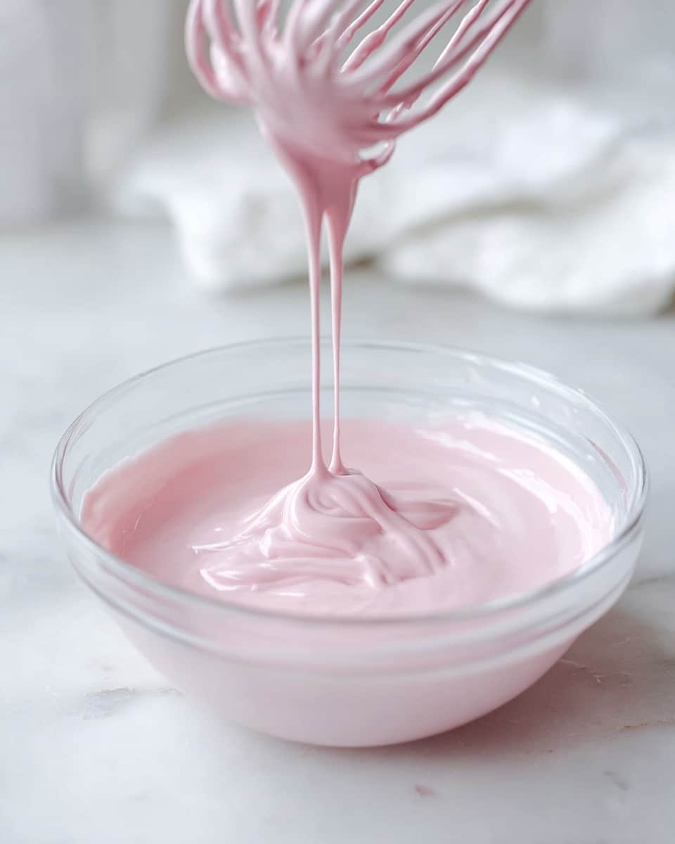 A clear glass bowl filled with smooth, light pink batter, with a portion of batter slowly dripping from a whisk above the bowl, creating soft folds and swirls in the mixture. The scene is set on a white marbled surface with a blurred white cloth in the background. The pink batter has a creamy texture and a pale pastel color, with gentle light reflections showing its glossy finish. Photo taken with an iphone --ar 4:5 --v 7