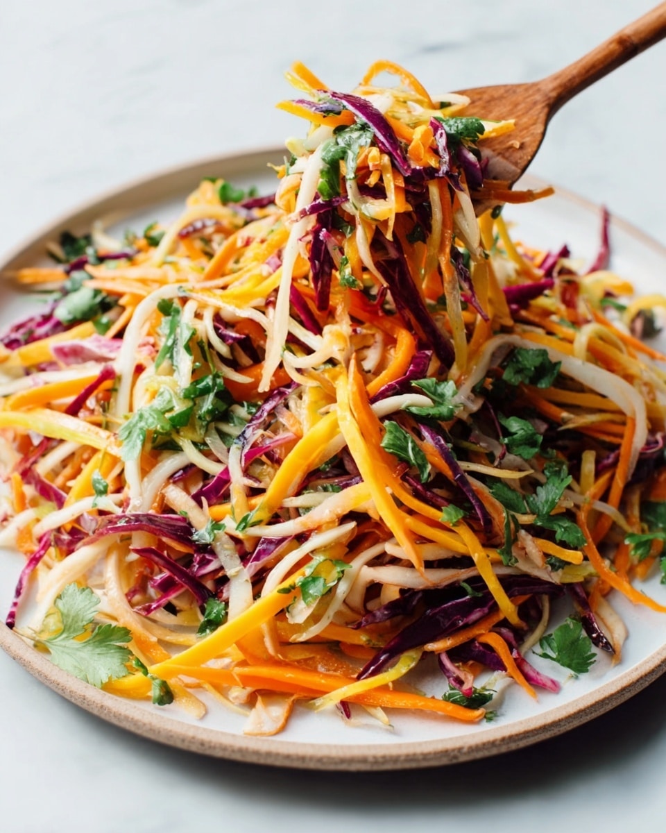 The dish shows a mix of thin strips neatly layered on a white plate, sitting on a white marbled surface. The bottom layer has light beige thin strips, topped with bright orange shreds mixed with some deep purple thin slices. Scattered fresh green herbs add a fresh color contrast on top. A wooden fork lifts some of the colorful mixture, showing a lively and fresh texture. The light shines evenly, highlighting the dish's vibrant colors and textures. Photo taken with an iphone --ar 4:5 --v 7