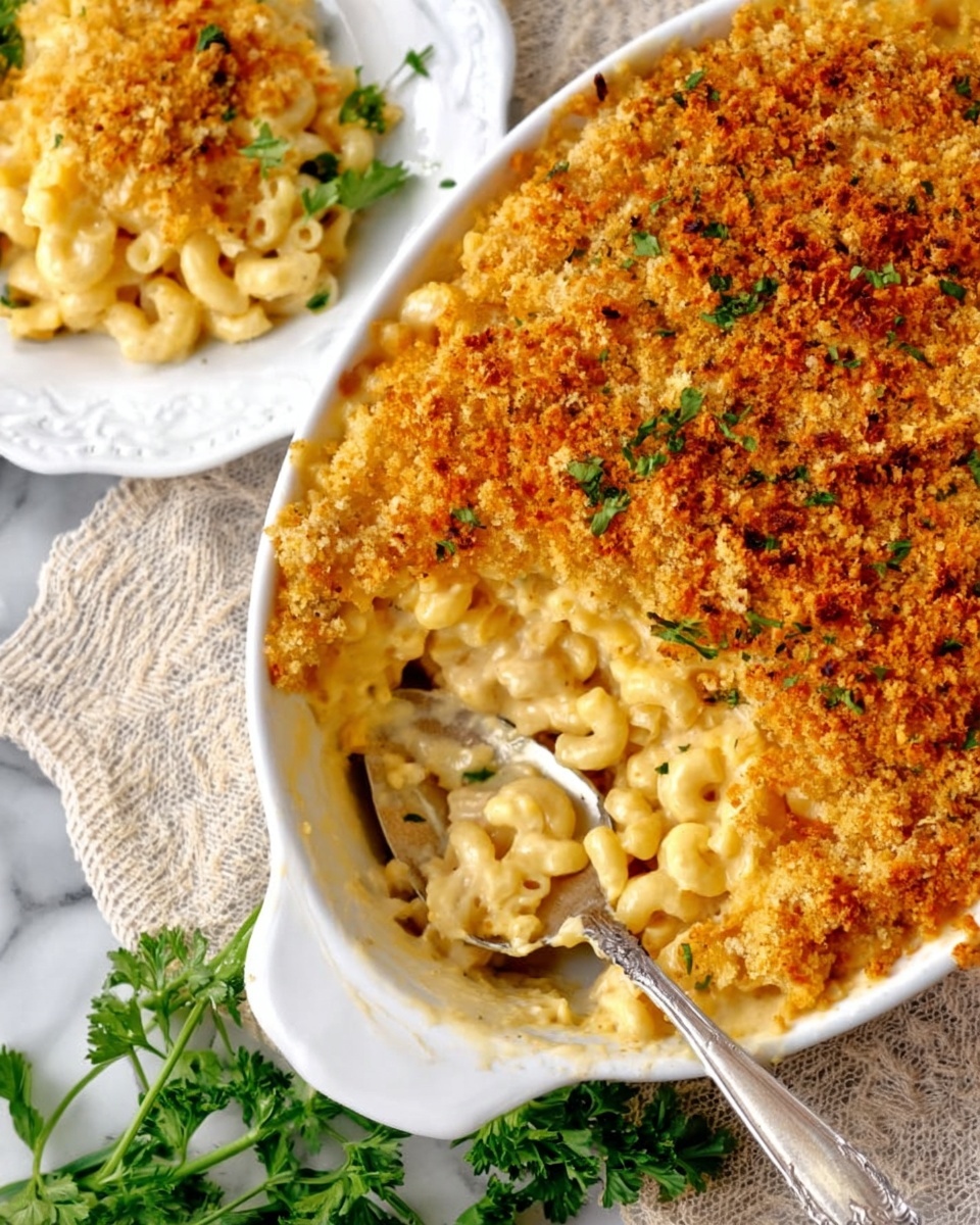 The image shows a white dish filled with creamy macaroni and cheese topped with a golden brown, crispy breadcrumb layer. The breadcrumbs are evenly spread on the surface, forming a rough, crunchy texture. The macaroni underneath is coated in a thick, smooth cheese sauce with a light yellow color, visible where a scoop has been taken out on one side. A silver serving spoon with some macaroni and cheese rests inside the dish. Nearby, a white plate with a serving of the same dish and a silver fork are placed on a white marbled surface with some green parsley leaves adding a fresh touch. A woman's hand holds the dish on one side. Photo taken with an iphone --ar 4:5 --v 7