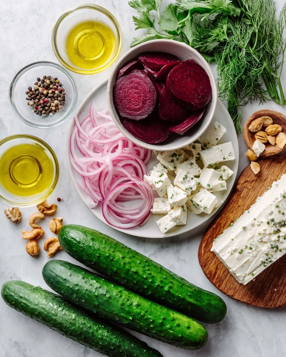 A white plate shows a colorful salad with four layers neatly arranged. The bottom layer is thinly sliced pale pink onions scattered around. Above the onions, slices of deep red beets fill a small white bowl in the center. Around the bowl, small cubes of white cheese are spread out on a wooden board beside the plate. At the front, two long bright green cucumbers with a rough texture lie side by side. Fresh dark green herbs are placed above the cucumbers, and small glass bowls containing light yellow oil, pale yellow liquid, a handful of brown nuts, and a few peppercorns complete the scene. The background is a white marbled surface with a woman's hand resting near the cheese board. photo taken with an iphone --ar 4:5 --v 7