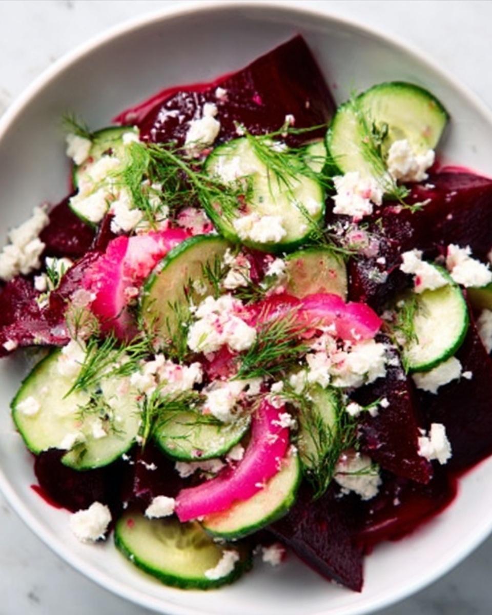 The dish is a colorful beet salad served in a white bowl, placed on a white marbled surface. It has several layers starting with deep red beet slices at the bottom providing a smooth texture. On top of the beets, there are thin, curved slices of light green cucumber arranged around the edge. Small white crumbles of cheese are scattered evenly over the salad, adding a soft, crumbly texture. Bright pink pickled red onions sit among the other ingredients, adding a pop of vibrant color. Fresh green dill sprigs are spread across the top, adding a feathery texture and fresh look. The whole salad looks fresh and bright with a mix of smooth, crumbly, and leafy textures. Photo taken with an iphone --ar 4:5 --v 7