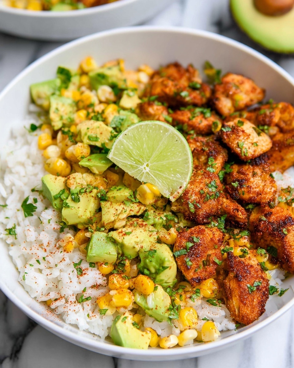 A white bowl filled with three main layers: the bottom layer is fluffy white rice, the middle layer is a mix of yellow corn kernels with small green herb pieces, and the top layer has golden brown seasoned pieces of chicken and diced light green avocado. A fresh lime wedge sits on top of the bowl, adding a bright green contrast. The dish is sprinkled lightly with red chili powder and green herbs. The background shows a white marbled surface with a halved avocado nearby. Photo taken with an iphone --ar 4:5 --v 7
