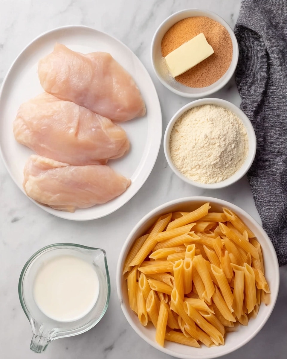 The image shows a white round plate with three raw light pink chicken pieces placed on a white marbled surface. To the right, there is a white bowl filled with a fine, pale yellow powder. Below it, a small white bowl holds a light brown powder, while another small white bowl contains a rectangular piece of pale yellow butter. Below these, a glass measuring cup filled with white cream is on the left, and to the right of it, a white bowl is filled with uncooked yellow penne pasta. A loose gray cloth is partially visible in the top right corner. photo taken with an iphone --ar 4:5 --v 7