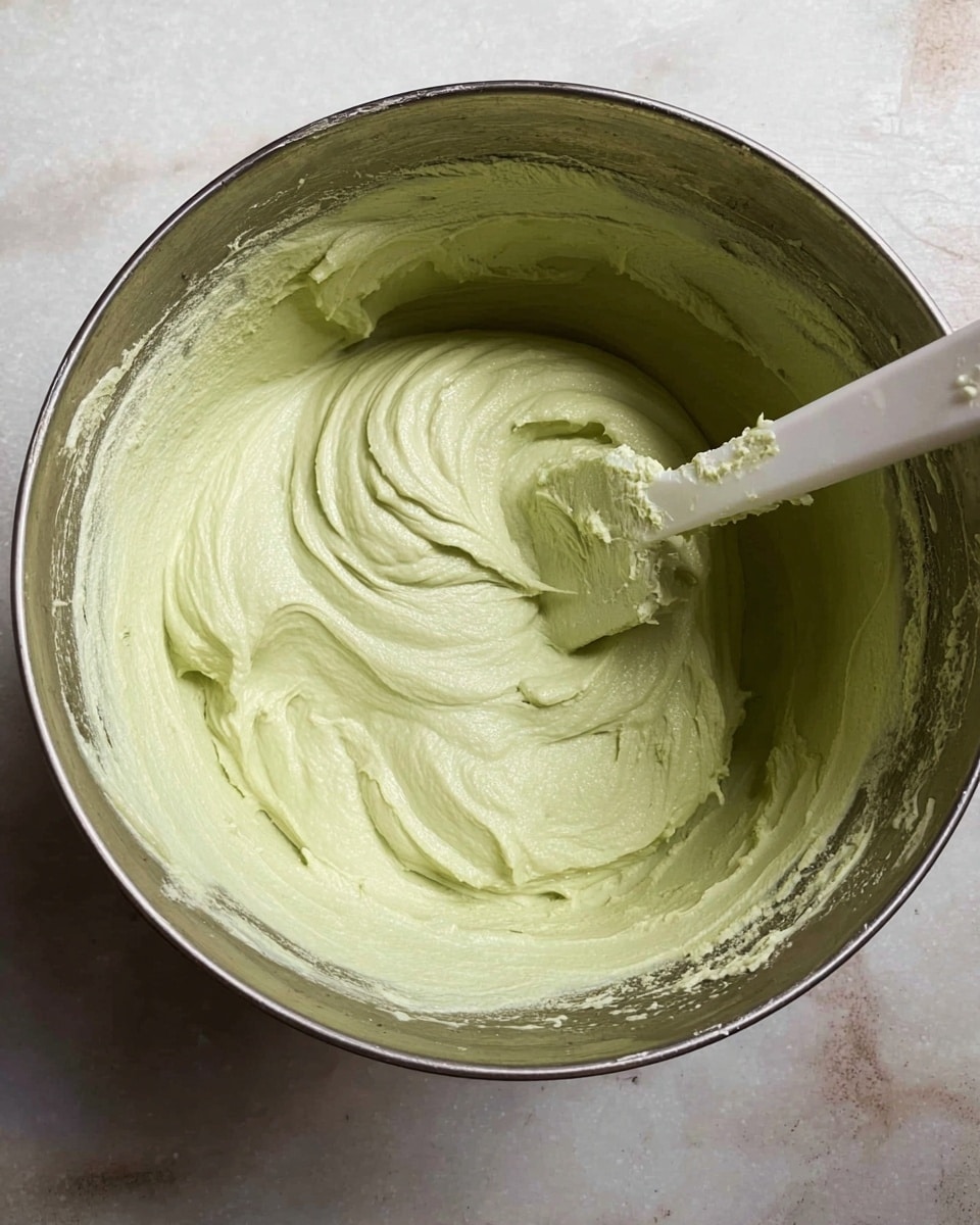 Inside a large metal mixing bowl, there is a thick, creamy light green batter with a smooth but slightly textured surface, showing swirls from mixing. A white spatula with some batter clinging to it rests partially inside the bowl on the right side, indicating recent stirring. The bowl edges have some batter smudges, and the bowl sits on a white marbled surface. photo taken with an iphone --ar 4:5 --v 7