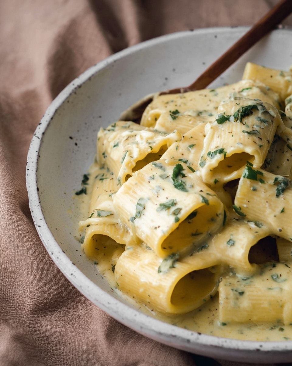 The dish shows large, tube-shaped pasta pieces in a creamy, pale yellow sauce with specks of chopped green herbs mixed throughout. The pasta is arranged in a white bowl with a slightly rough texture and dark specks on its rim. A wooden spoon partially covered with sauce is visible in the bowl, resting among the pasta. The background features a soft brown fabric with subtle folds, contrasting with the white bowl. The creamy sauce clings lightly to the pasta, giving a smooth, rich appearance. Photo taken with an iphone --ar 4:5 --v 7