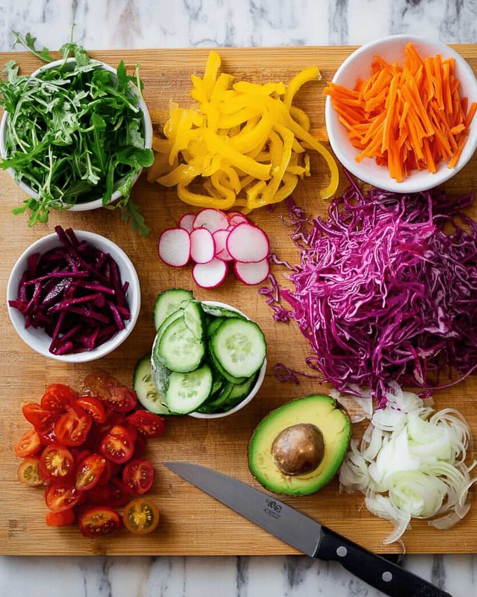 The image shows a wooden cutting board with a variety of freshly sliced vegetables arranged in small piles and two white bowls. On the top left, there is a bunch of green leafy arugula. Below that, there is a pile of thin yellow bell pepper strips next to thinly sliced round radish pieces. In the center, there are cucumber pieces that are cut into half-moon shapes. Above the cucumber, a white bowl holds thin orange carrot sticks, and to the left of it, another white bowl contains shredded dark purple beets. To the right of the cucumbers, there is a large pile of shredded purple cabbage. Near the top right, there are halved cherry tomatoes next to thick slices of red onion. Two halves of avocado, one showing the seed, sit near the center right above the purple cabbage. Lastly, to the far right, there is a pile of white chopped onion. A knife is placed horizontally on the cutting board near the yellow bell pepper, and the background is a white marbled surface. photo taken with an iphone --ar 4:5 --v 7