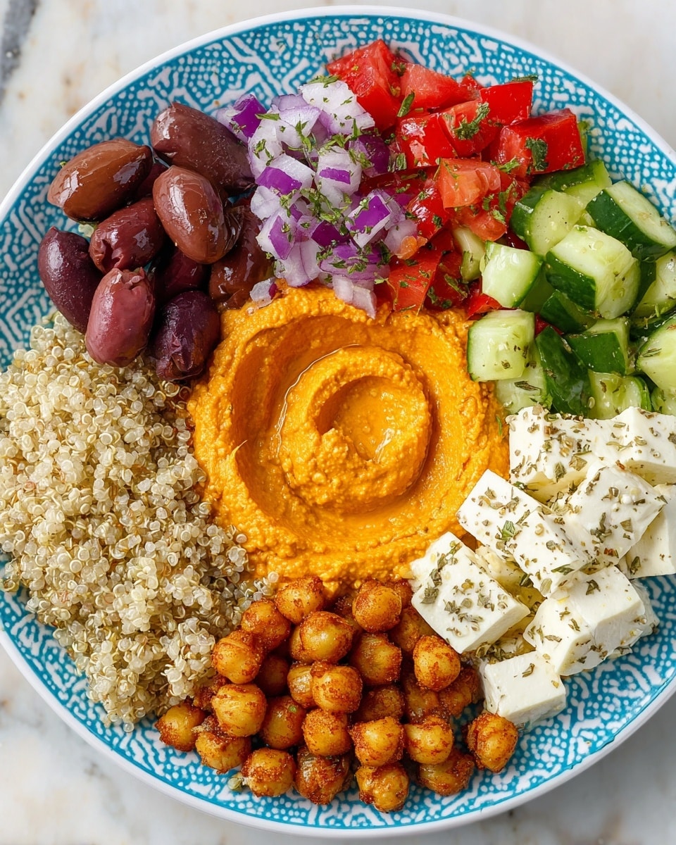 A white plate with a blue geometric pattern holds six colorful layers arranged side by side: on the top left, a small pile of dark brown olives; next to it, green cucumber chunks mixed with red tomato pieces and small pieces of purple onion sprinkled with herbs; below that, a pile of white quinoa with visible small grains; in the center, a swirl of smooth, bright orange hummus; at the bottom, a layer of roasted golden-brown chickpeas; and on the right side, white cubes of feta cheese with a light sprinkle of herbs. The plate sits on a white marbled surface. Photo taken with an iphone --ar 4:5 --v 7