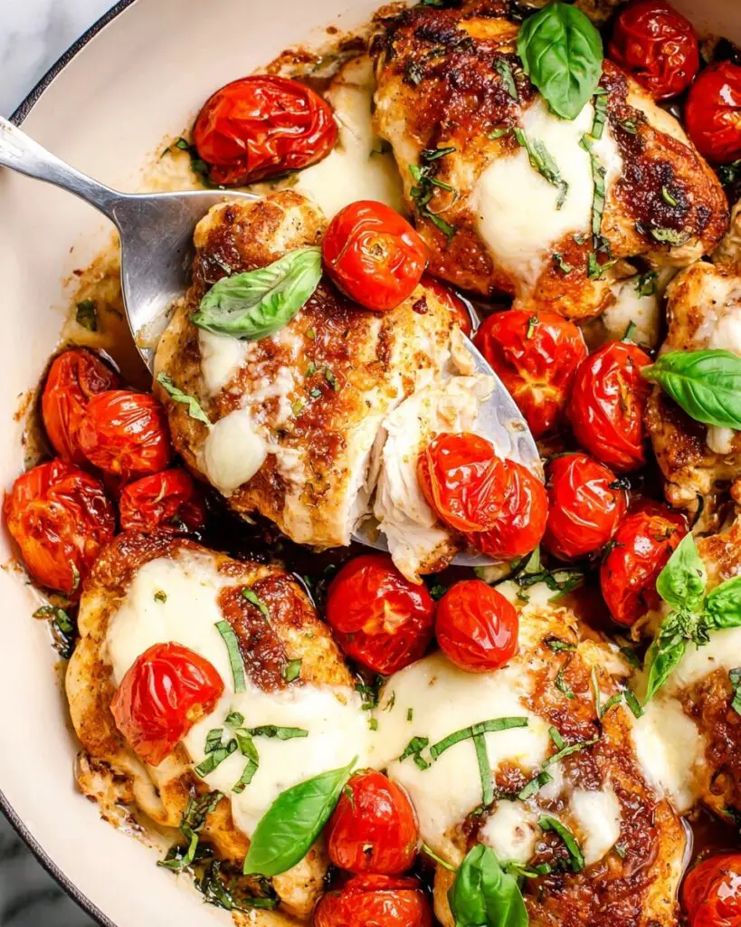 One Pan Balsamic Chicken with Mozzarella, Tomatoes, and Basil Recipe