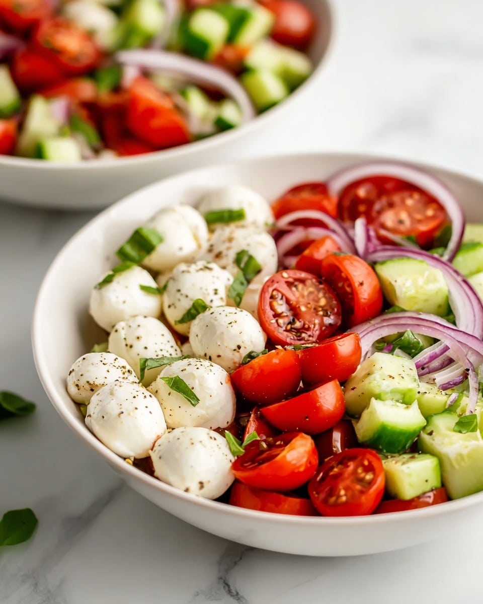 The image shows a fresh salad in a white bowl placed on a white marbled surface. The salad has three main layers: the bottom layer is mixed with small pieces of bright green cucumber slices cut into rounds, the middle layer has vibrant red cherry tomato halves, and the top layer consists of small white mozzarella balls sprinkled with black pepper and small green herb pieces, likely basil. Thin slices of purple-red onion are scattered evenly throughout the salad, adding color contrast and texture. The ingredients look fresh, colorful, and slightly shiny. In the background, there is another bowl with the same salad slightly out of focus. Photo taken with an iphone --ar 4:5 --v 7
