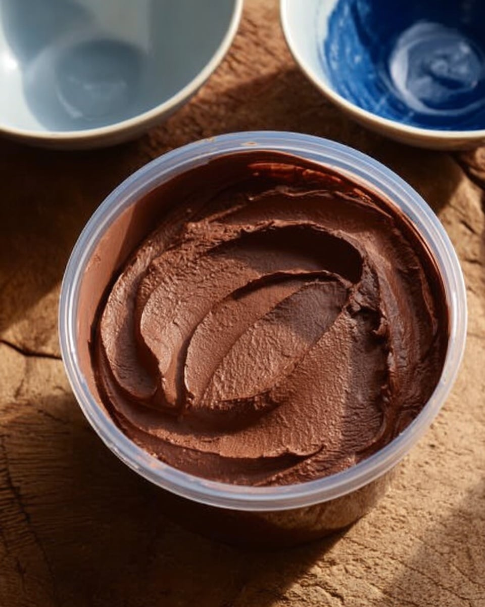 The image shows a clear plastic container filled with smooth, dark brown chocolate mousse. The mousse has a creamy texture with visible swirls on the top surface, showing it was recently stirred or spread evenly. The container is placed on a wooden table that has a natural rough texture. Nearby, there are two empty white bowls with blue interiors, adding contrast to the scene. The lighting highlights the glossy finish of the mousse, making it look rich and inviting. photo taken with an iphone --ar 4:5 --v 7