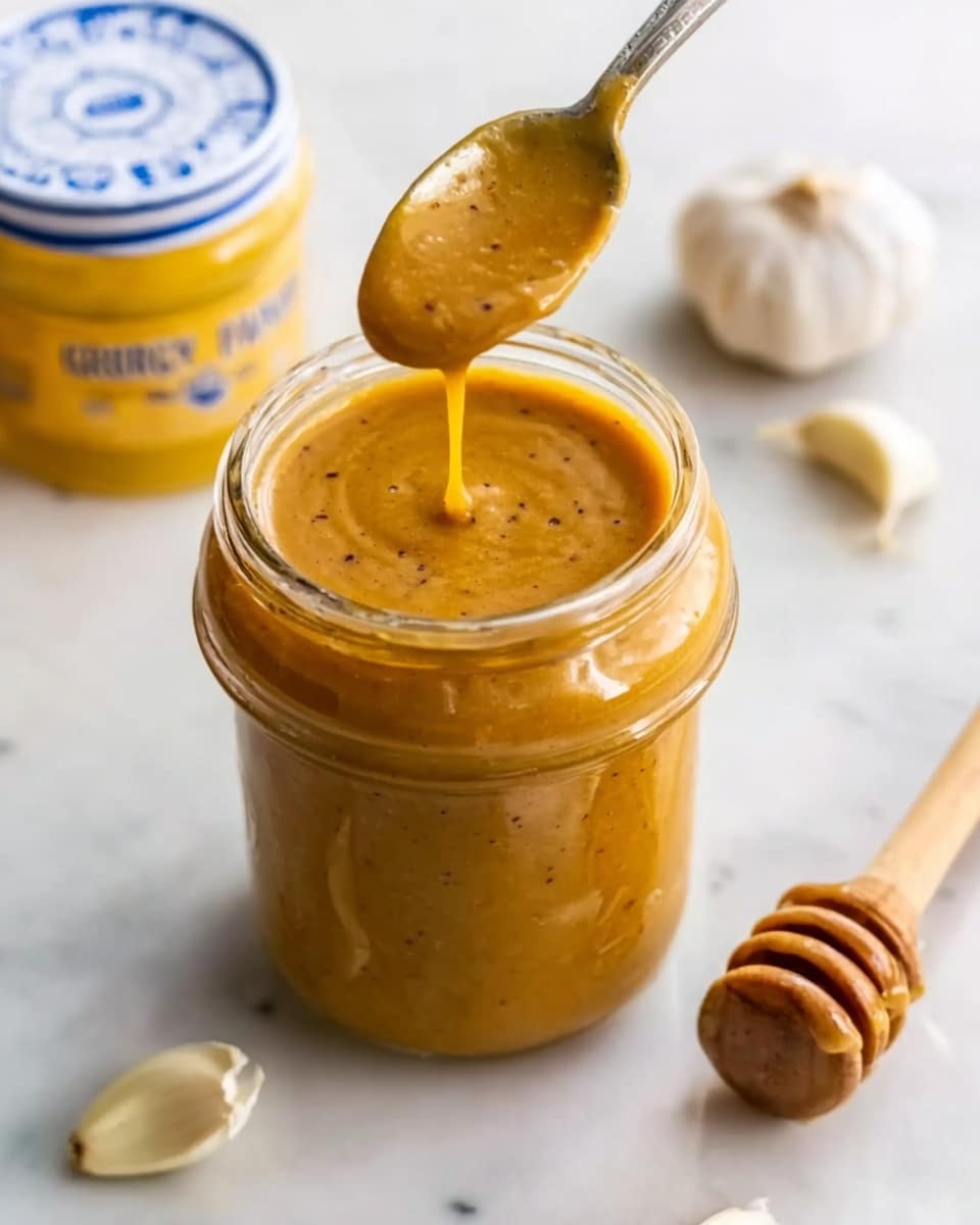 A clear glass jar filled with thick, smooth mustard-colored sauce with small darker specks inside, a spoon inside the jar dripping some sauce back into it. Surrounding the jar are a white jar lid with blue text, a jar of yellow mustard, a wooden honey dipper with honey, and two garlic cloves on a white marbled surface. The colors are warm and natural, the texture of the sauce looks creamy and slightly sticky. photo taken with an iphone --ar 4:5 --v 7