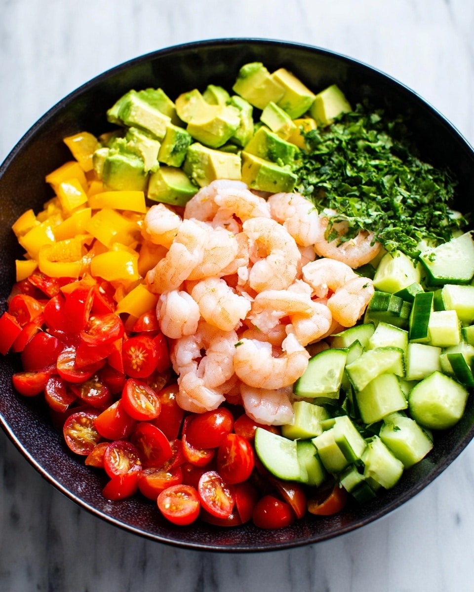A black bowl filled with six colorful layers arranged in sections: a central pile of pale pink shrimp with smooth texture, surrounded by diced bright green avocado at the top, halved red cherry tomatoes on the top right, sliced light green cucumbers on the bottom right, diced yellow bell peppers at the bottom left, diced red bell peppers above the yellow, and finely chopped dark green herbs on the top left. The bowl is set on a white marbled surface. photo taken with an iphone --ar 4:5 --v 7