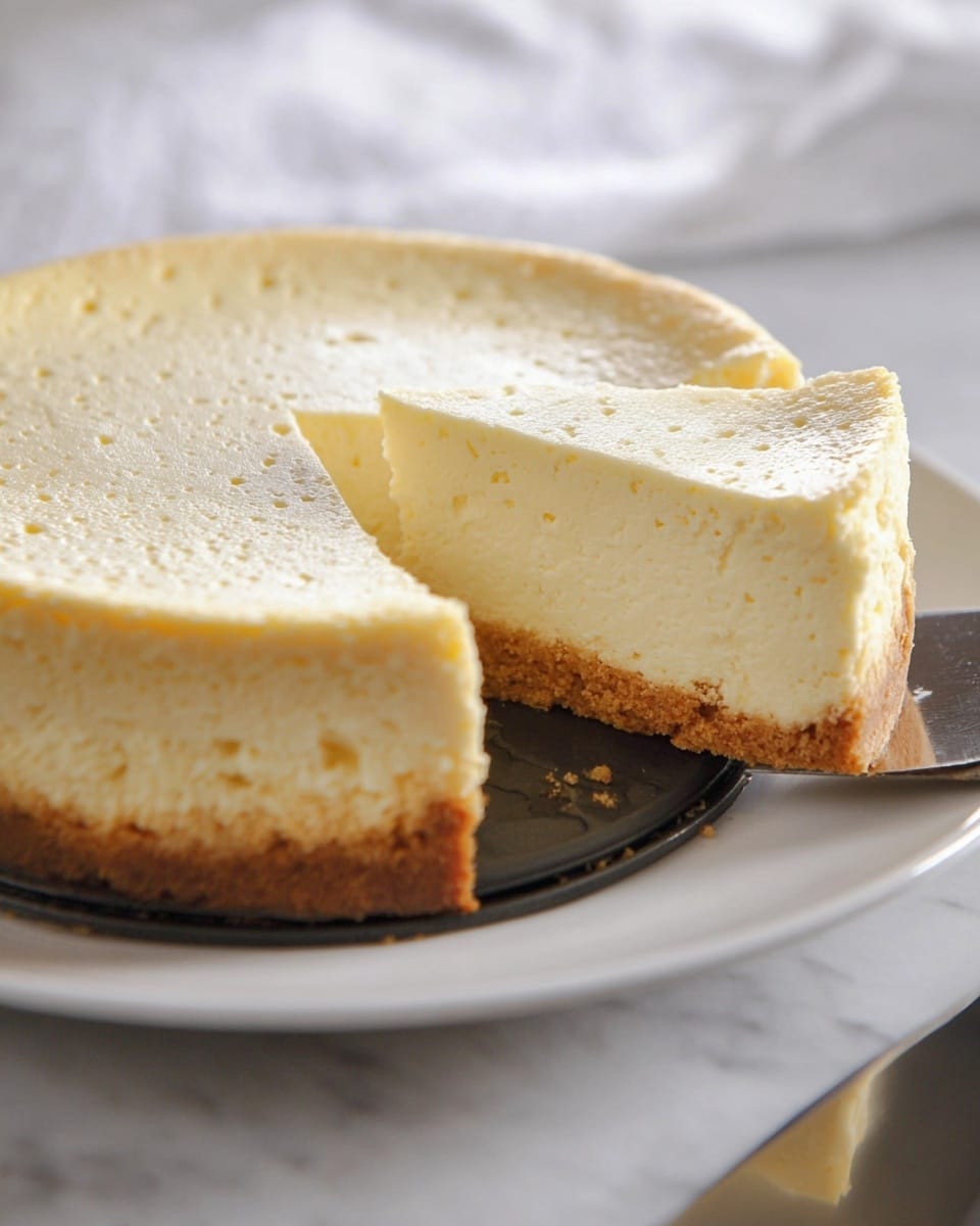 A creamy cheesecake with two layers sits on a white plate over a white marbled surface. The top layer is light yellow, smooth, and slightly fluffy with tiny air bubbles visible on the surface. The bottom layer is a golden-brown crumbly crust, firm and thin. One large slice is removed, showing the even thickness of both layers clearly. The cheesecake is still in a dark textured springform pan that contrasts with the white plate beneath it. A blurred, shiny knife rests near the right side of the plate. The background is bright and softly lit, making the cheesecake the main focus photo taken with an iphone --ar 4:5 --v 7