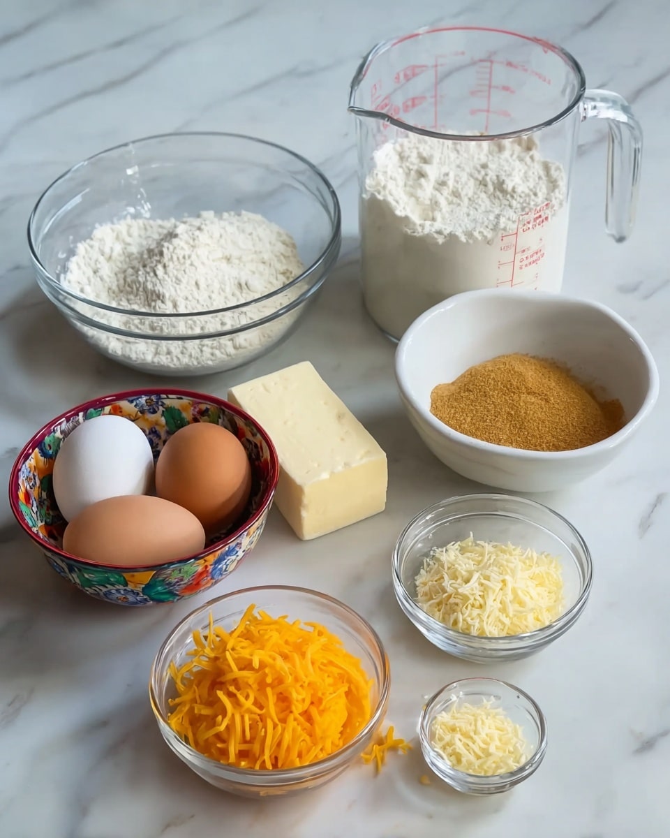The image shows seven bowls and a white mixing bowl on a white marbled surface, each holding ingredients for cooking. In the back row center is a large glass measuring cup with white flour, to its right a white bowl with a brown powder. To the left is a white mixing bowl with nothing inside. In front, from left to right, there is a small clear glass bowl with two raw eggs, next to it a colorful bowl with a block of white cheese, a smaller clear bowl with shredded orange cheddar cheese, a small clear bowl with light yellow grated cheese, and a very small clear bowl with a white powdery ingredient. photo taken with an iphone --ar 4:5 --v 7