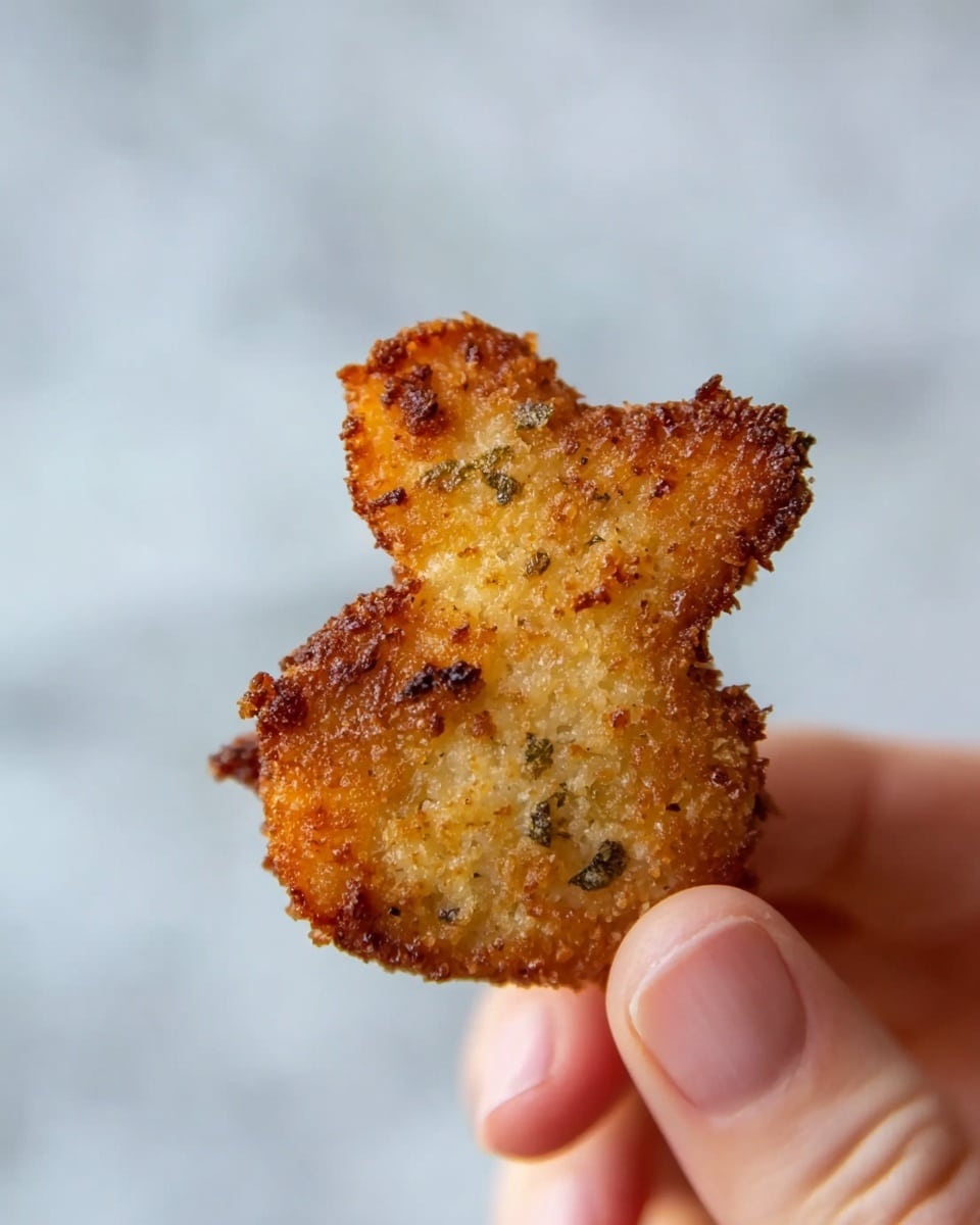 A close-up image of a small, bunny-shaped fried food held between a woman's thumb and finger. The fried piece has a golden brown, crispy exterior with specks of darker browning and visible herbs or seasoning throughout. The texture looks crunchy and slightly rough with some uneven browning on the surface. The background is a soft, blurred white marbled texture. Photo taken with an iphone --ar 4:5 --v 7